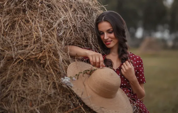 Dress, field, hat, beautiful, model, women, brunette, red dress
