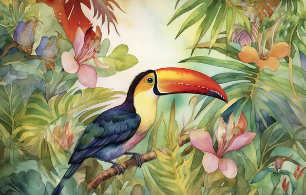 Flowers, nature, bird, branch, garden, watercolor, painting, Toucan