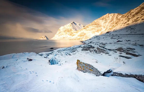 Picture winter, light, snow, mountains, rocks, shore, tops, Norway