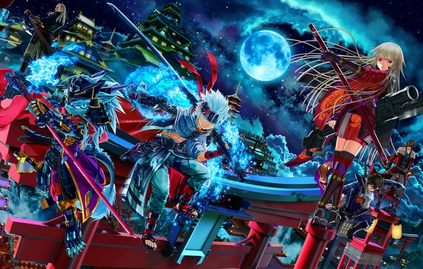 Night, the city, weapons, the moon, art, usui no ken, girl. guys