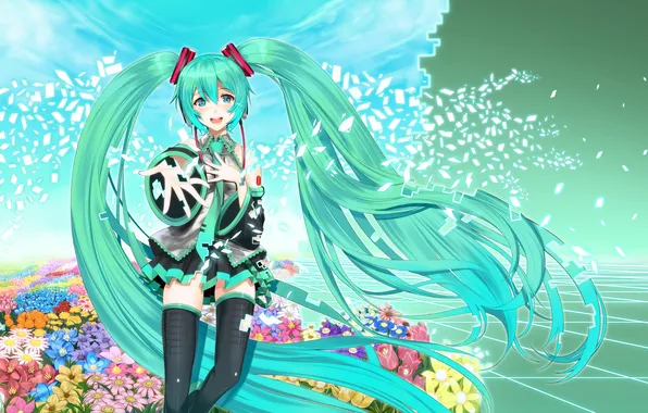 Picture the sky, girl, clouds, flowers, anime, art, Hatsune Miku, Vocaloid