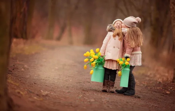Road, forest, joy, children, mood, meeting, girl, girlfriend