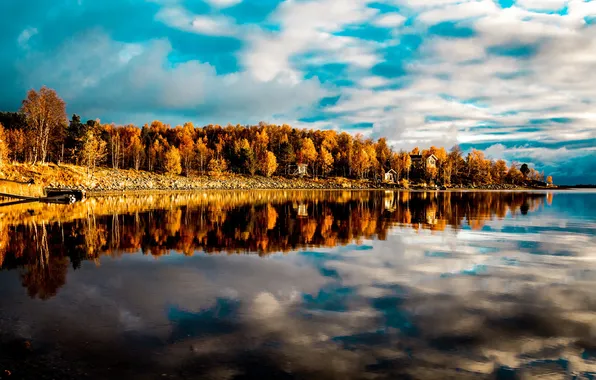 Picture autumn, forest, the sky, clouds, lake, house