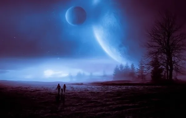 Field, stars, trees, night, planet, family
