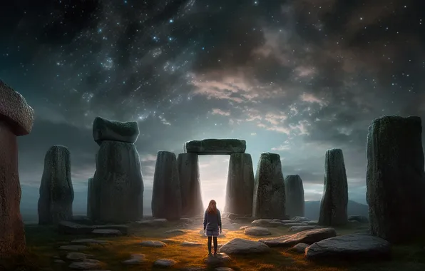 Girl, night, stones, rocks, Stonehenge, megaliths, AI art, neural network