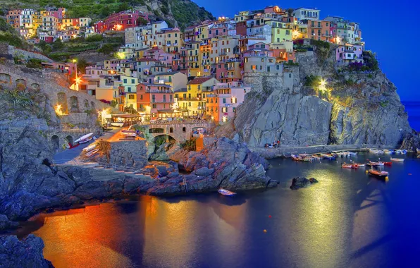 Picture lights, reflection, the evening, Italy, twilight, Italia, Manarola, Manarola