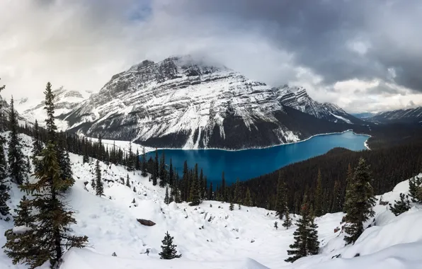 Winter, forest, clouds, snow, mountains, lake, reflection, rocks