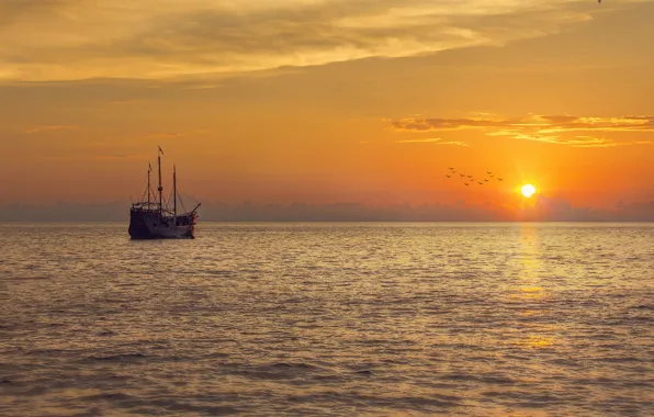 Sea, sunset, ship