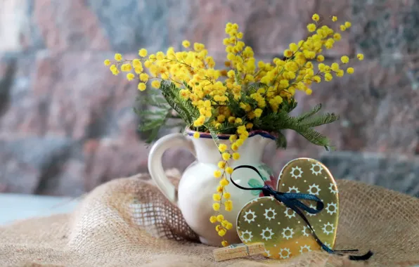 Picture branches, fabric, pitcher, heart, burlap, figure, Mimosa