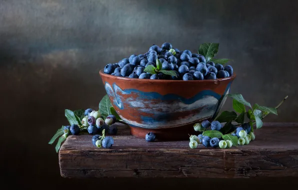 Berries, table, blueberries, bowl, still life, blueberries