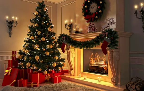 Decoration, toys, tree, New Year, Christmas, fireplace, Christmas, design