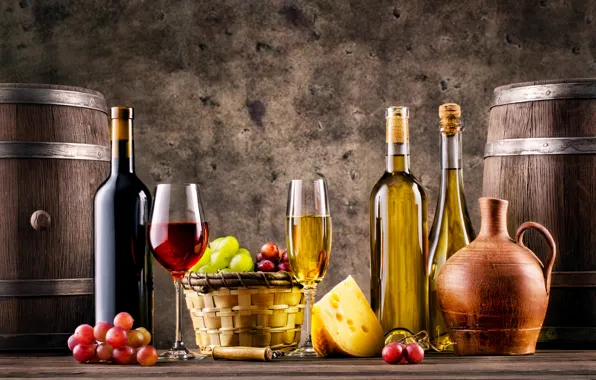 Wine, glasses, bottle, fruit, basket