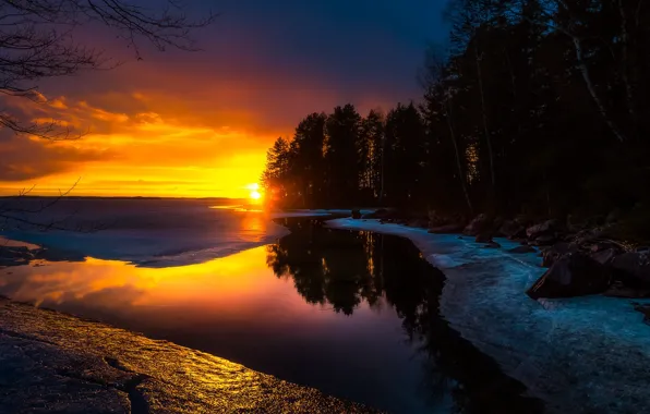 Picture winter, sunset, nature, river, shore