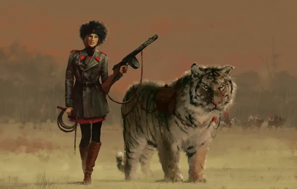 Girl, tiger, weapons, animal, art, form, painting
