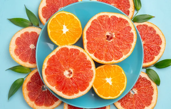 Oranges, citrus, blue background, slices, grapefruit
