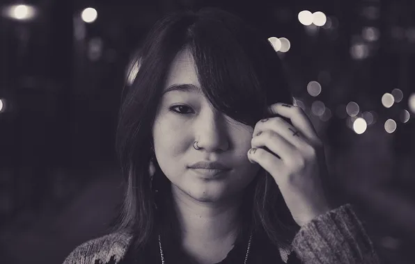 Piercing, tattoo, Asian, monochrome