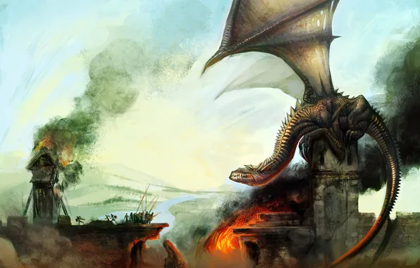 Bridge, castle, fire, dragon, smoke, army, art, destruction