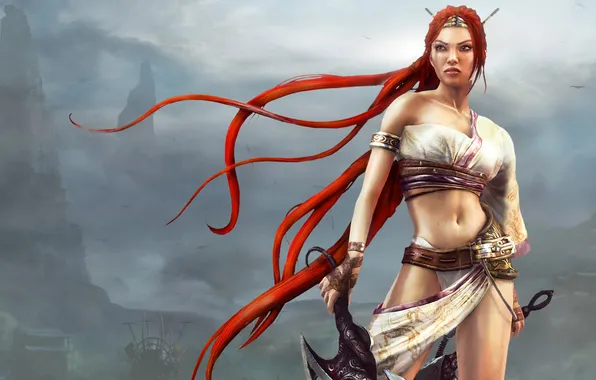 Picture girl, mountains, fog, warrior, red hair, swords, Heavenly sword, NARIC