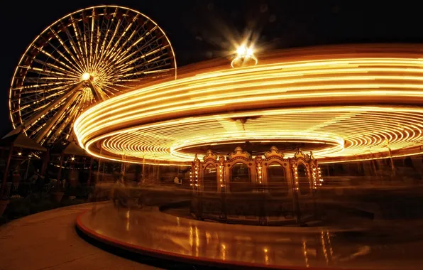 Night, lights, Park, Chicago, carousel, Chicago, Navy Pier Park