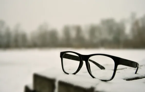 Macro, snow, glasses, light background, glass
