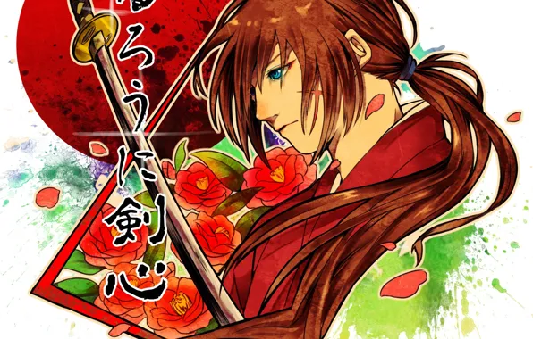 Japan, rose, flower, anime, katana, ken, blade, samurai