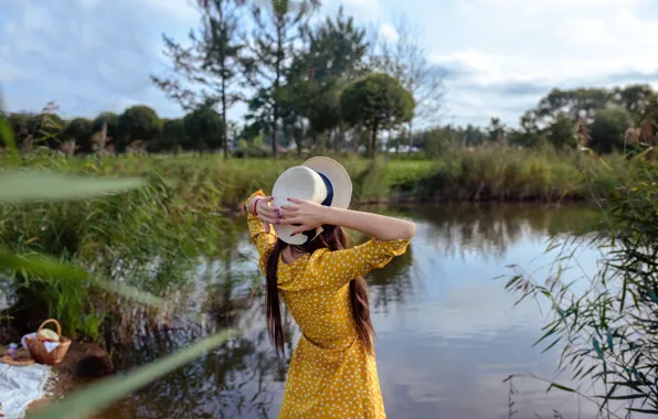 Grass, girl, the sun, trees, pose, pond, model, hat