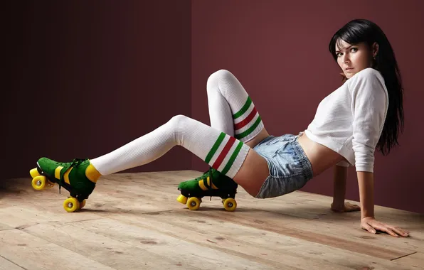 Girl, shorts, jeans, brunette, roller skates, knee socks