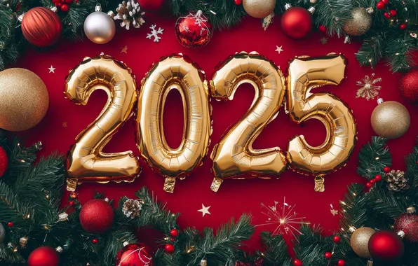 Balls, figures, New year, needles, bumps, red background, gold, date