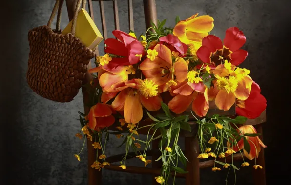 Picture flowers, chair, tulips, book, bag