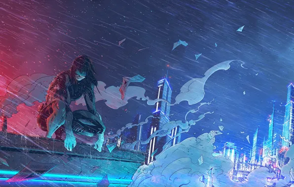 Wallpaper Girl, The city, The game, Rain, Art, Cyborg, CD Projekt