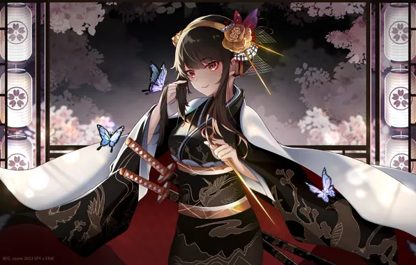 Girl, Sakura, kimono, swords, Yor Forger, Spy x Family