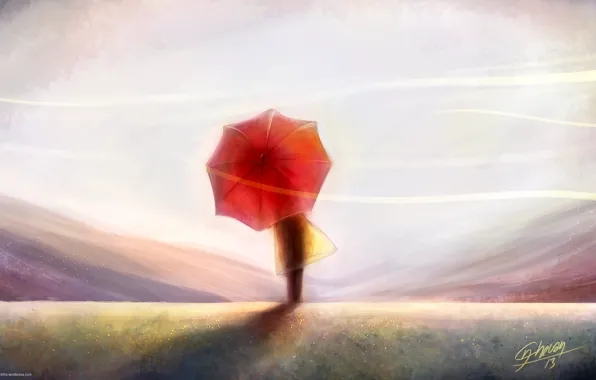 Picture the sky, the wind, back, people, art, painting, red umbrella