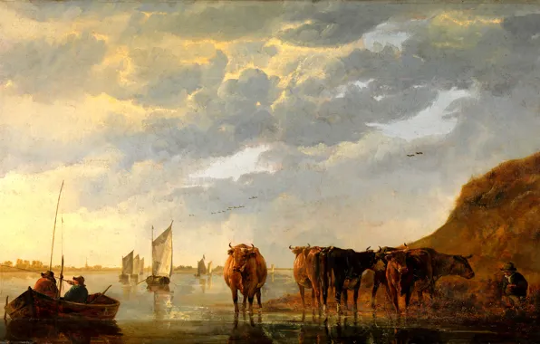 Picture the sky, landscape, river, people, boat, picture, sail, Shepherd with five cows on the river
