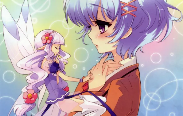 Elf, tears, fairy, wings, gesture, blue hair, visual novel, mercuria
