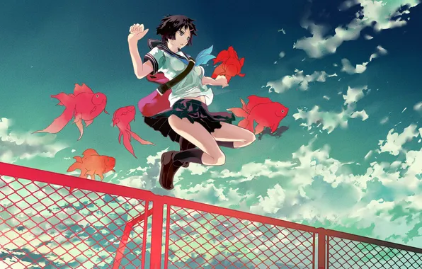 The sky, girl, clouds, fish, anime, gate, art, form
