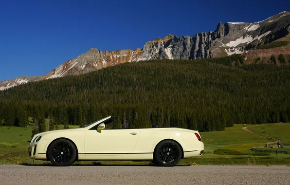 Auto, Bentley, Continental, Mountains, Forest, Convertible, Cream, Side view