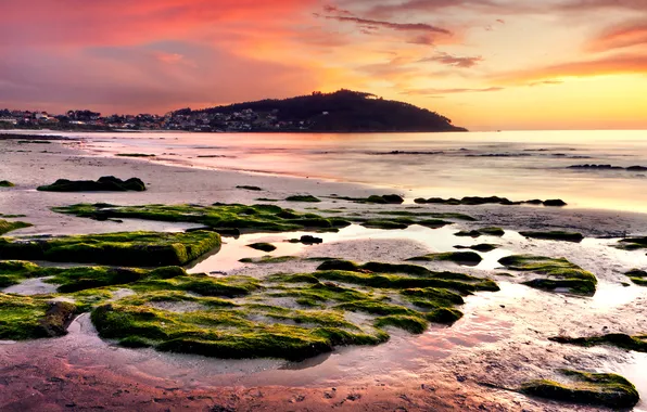 Sea, sunset, stones, hills