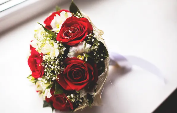 Roses, bouquet, ring, red, wedding, Roses, ring, wedding