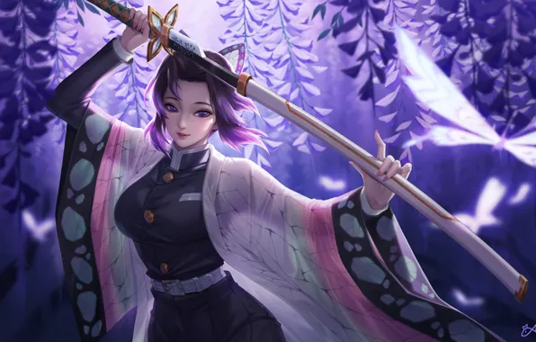 Girl, sword, anime, purple eyes, katana, samurai, artwork, warrior