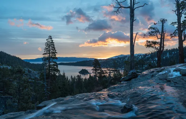 Lake, waterfall, CA, panorama, California, Lake Tahoe, lake Tahoe, waterfalls Needles