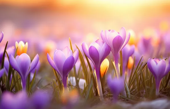 Light, flowers, glade, spring, crocuses, lilac, Krokus, bokeh