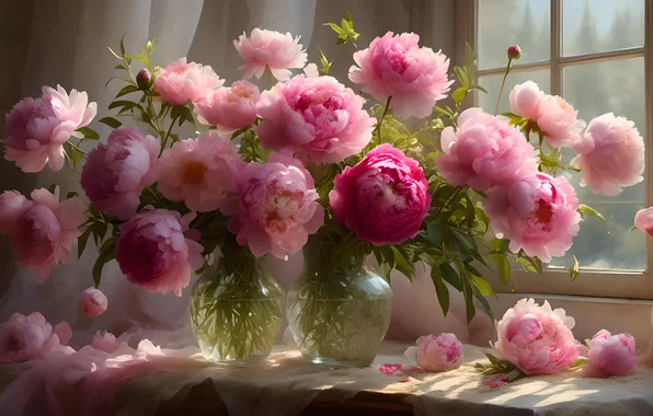 Light, flowers, figure, bouquet, picture, spring, window, vase