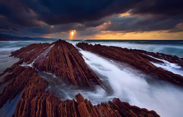 Picture sea, the sky, water, light, clouds, rocks, excerpt, Spain