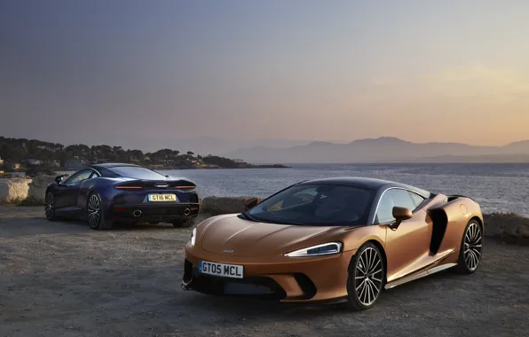 Sunset, coast, McLaren, pair, supercars, 2019, McLaren GT