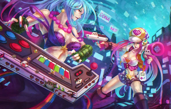 Picture girls, lol, League of Legends, Bounty Hunter, arcade, miss fortune, Sona, Maven of the Strings