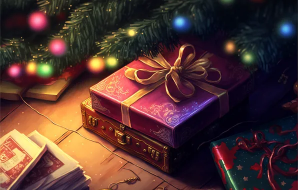 Light, branches, lights, room, Christmas, gifts, floor, New year