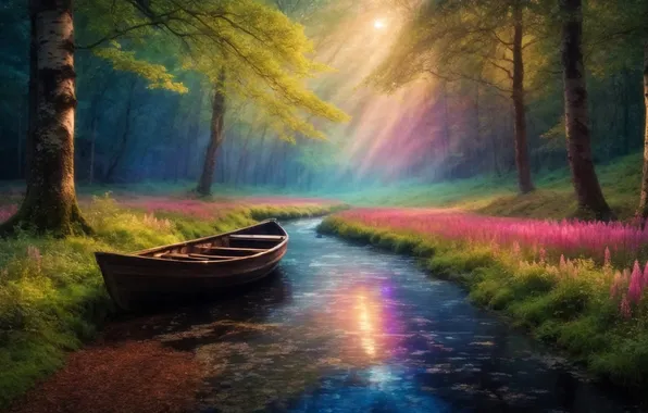 Picture forest, river, landscape, painting, boat