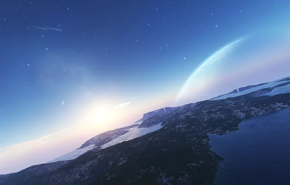 The sky, water, mountains, star, Planet, comet