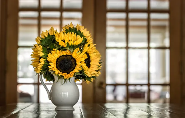 Picture sunflowers, bouquet, pitcher