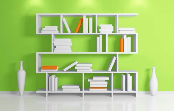 Picture wall, books, floor, shelf, vase, rack